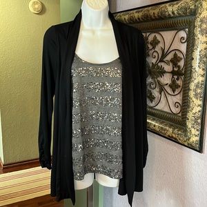 🪻AGB alluring gray sequin stripped top with faux layered cardigan Sz S💙